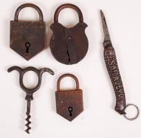 Vegyes bolha tétel: 3 db fém lakat kulcs nélkül, régi dugóhúzó, Sarajevo bicska