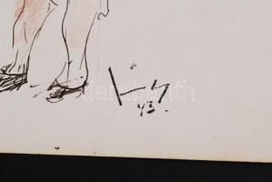 Szőnyi Jenő (1902-?): Tehén. Toll-színes ceruza, papír, jelzett, 20×27 cm