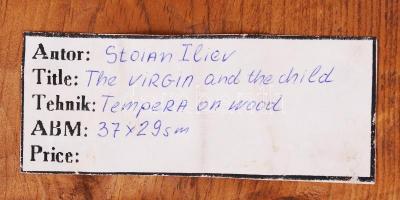 Stoian Iliev: Mária a kis Jézussal. Tempera, fa, jelzett hátul, apró lepattanással, faragott keretbe...