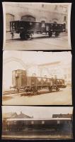 cca 1920 Soltész József tervezte MÁV vasúti kocsik DA kalauzkocsi és két tehervagon eredeti fotója / Train coaches photos 29x20 cm