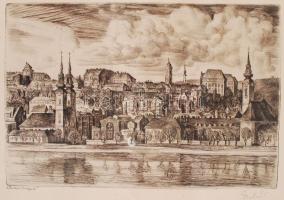 Szabó Vladimír (1905-1991): Budai tornyok. Rézkarc, papír, jelzett, üvegezett keretben, 19×29 cm