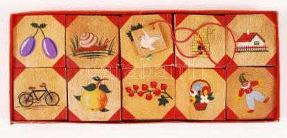 Régi memória játék, festett fa, hiánytalan (40db), karton dobozban