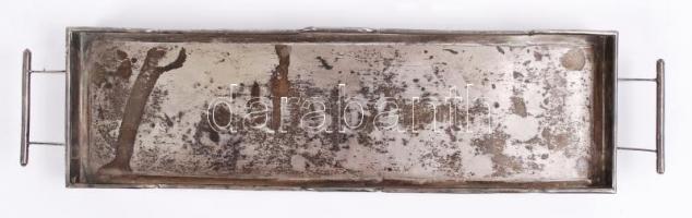 Ezüst (Ag.) art-deco füles tálca, üvegbetét nélkül, jelzett, mesterjeggyel, 32×8 cm, nettó:291 g