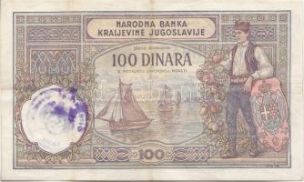 Jugoszlávia 1929. 100D felülbélyegzéssel T:III Yugoslavia 1929. 100 Dinar overprint C:F
Krause 27 b