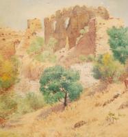 Nádler Róbert (1858-1938):Várrom. Akvarell, papír, jelzett, üvegezett keretben, 33×26 cm