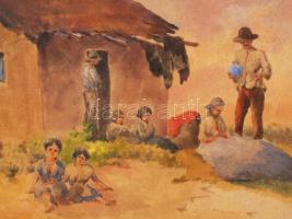 Kecskeméthy Miklós: Cigánysor. Akvarell, papír, jelzett, üvegezett keretben 27×36 cm