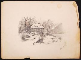 Bónis Judith: Hófedte házak a folyónál (1898). Ceruza, papír, apró szakadások, foltos, jelzett, 15×2...