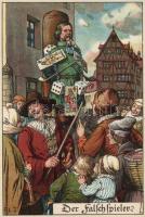 9 db régi, használatlan, humoros, német litho képeslap pellengérre állított emberekről tokban / People on pillory - 9 unused German, humorous litho postcard with case