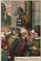 9 db régi, használatlan, humoros, német litho képeslap pellengérre állított emberekről tokban / Peop...