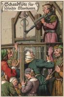 9 db régi, használatlan, humoros, német litho képeslap pellengérre állított emberekről tokban / Peop...