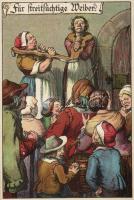 9 db régi, használatlan, humoros, német litho képeslap pellengérre állított emberekről tokban / Peop...