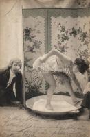 Woman bathing, voyeur, erotic postcard (fa)