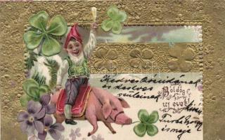 New Year, dwarf on pig back, clover, Emb. litho (small tear)