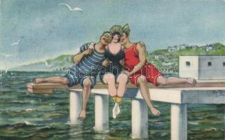 Humour, two man with one lady, beach