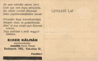 Budapest VIII. Vass utca, Községi Felső Kereskedelmi Iskola, hátoldalon Ecker Kálmán reklámja (fl)
