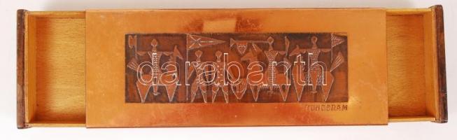 Tungsram feliratú rézből és fából készült tárolódobozka, 23x9x2 cm