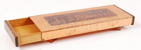 Tungsram feliratú rézből és fából készült tárolódobozka, 23x9x2 cm