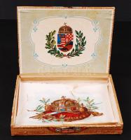 Magyar Királyi Dohányjövedék, papírragasztással díszített fa dobozka, 16x20x3 cm