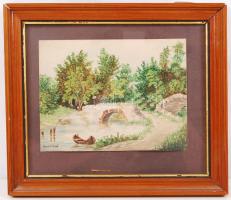Koszkol jelzéssel: Romos híd. Akvarell, papír, üvegezett keretben, 12×16 cm