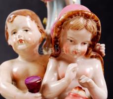 Antik német jelzett figurás gyertyatartó, kézzel festett, sérült, m:28,5 cm