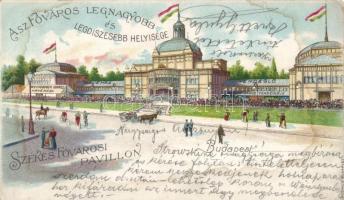 1899 Budapest XIV. Székesfővárosi Pavilon, Bokor János vendéglője, Weingruber Ignác kávéháza, litho (ragasztónyom / gluemark) (small tear)