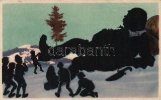 Humour, Giant man, silhouette, Wenau-Brabant card, litho (EK)