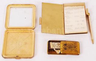 Régi dekoratív réz tétel: desszertes kanál készlet (6db), jegyzettartó töltő ceruzával, tűtartó, púd...