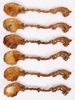 Régi dekoratív réz tétel: desszertes kanál készlet (6db), jegyzettartó töltő ceruzával, tűtartó, púd...