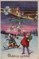 New Year, aeroplane, litho