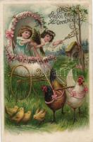 Easter, chicken cart, children, litho (wet damage)