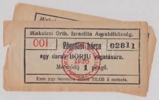 1930. 1P &quot;Miskolczi Orthodox Izraelita Anyahitközség&quot; borjú vágatási bárca T:III/III-