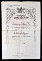 1912 Díszes k.u.k. hadnagyi kinevezés Hazai Samu honvédelmi miniszter aláírásával hozzá igazolás a nevezett háborús magaratásáról / Decorative lutenant appointing warrant with the signature of the Minister of War