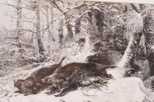 CCa 1880 Ch. Kröner D: Menekülő vaddisznók, fametszet,  jelzett a metszeten, üvegezett keretben 23×3...