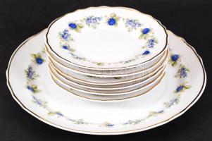 Hollóházi szedermintás süteményes készlet, 1 db süteményes kínálótál, 6 db süteményes kistányér, hib...