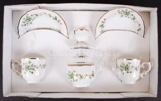Hollóházi virágmintás mokkás készlet, 2 db csésze, 2 db kistányér, cukortartó, gyertyatartó, hibátla...