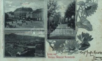 1898 Versec, Vrsac; Fő tér, Várhegy, Sétány / main square, castle hill, promenade, Art Nouveau floral