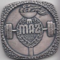 Lengyelország 1977. Súlyemelő fém sportérem (59x59mm) tokban T:2 &lt;br/&gt;Poland 1977. Weightlifter metal medal (59x59mm) in case C:XF