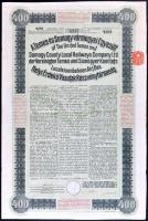 Budapest 1913. 400K &quot;A Temes- és Somogy-vármegyei Egyesült Helyi Érdekű Vasutak Részvénytársaság&quot; 3 1/2%-os elsőbbségi kötvénye 400K-ról bekeretezve T:III