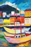 Schéner Mihály (1923-2009): Kikötő. Olaj, farost, jelzett, keretben, 50×70 cm