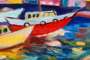 Schéner Mihály (1923-2009): Kikötő. Olaj, farost, jelzett, keretben, 50×70 cm