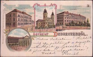 1899 Debrecen állami főreáliskola, Református Collegium, templom, floral, litho