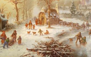 Vigyázó László: Téli életkép. Olaj, farost, jelzett, díszes keretben, 30×40 cm