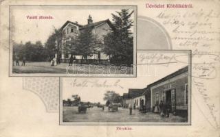 Köbölkút, vasútállomás, Wiesenberg Dávid kereskedése, Wiesenberg Dávid kiadása / railway station, shop, Art Nouveau (EK)