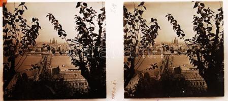 cca 1920-1930 Sztereo üveg diapozitív képek a Dunáról és a dunai hidakról, 6 db üveglemez, 6x13 cm