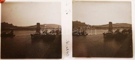 cca 1920-1930 Sztereo üveg diapozitív képek a Dunáról és a dunai hidakról, 6 db üveglemez, 6x13 cm