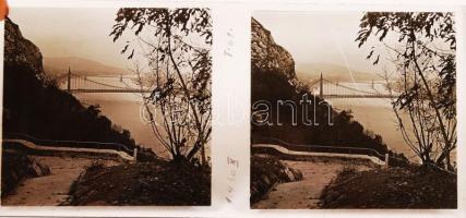cca 1920-1930 Sztereo üveg diapozitív képek a Dunáról és a dunai hidakról, 6 db üveglemez, 6x13 cm