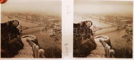cca 1920-1930 Sztereo üveg diapozitív képek a Dunáról és a dunai hidakról, 6 db üveglemez, 6x13 cm
