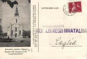 Gerjen Református templom, adománykérő képeslap a megrongálódott templom újjáépítéséért (EB)