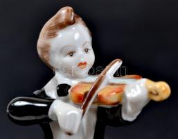 Hollóházi hegedülő kisfiú, jelzett, hibátlan, kézzel festett, m:14 cm