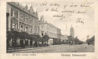 Debrecen, Fő utca bal oldali része; Pongrácz Géza kiadása (apró szakadás / small tear)